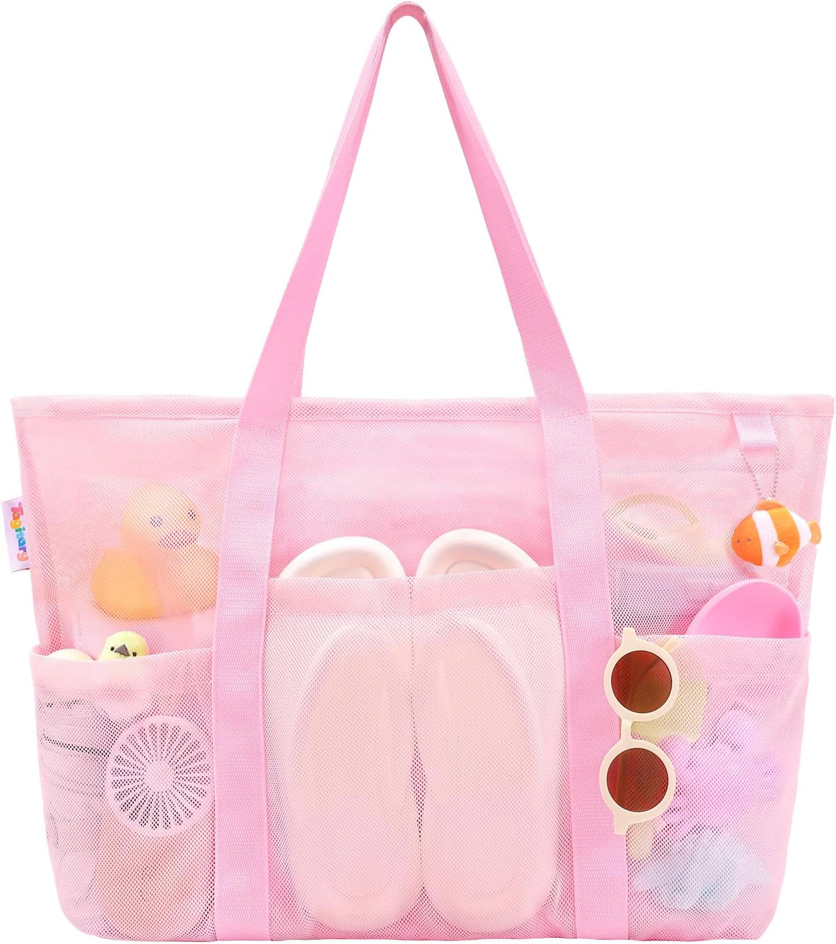 Tagitary Mesh Beach Bag with Zipper and 8 Pockets Yellow & Pink, Large Beach Tote Waterproof Sandproof for Camping Sports Pool Swim Bag Foldable Beach Accessories Storage Travel Bag