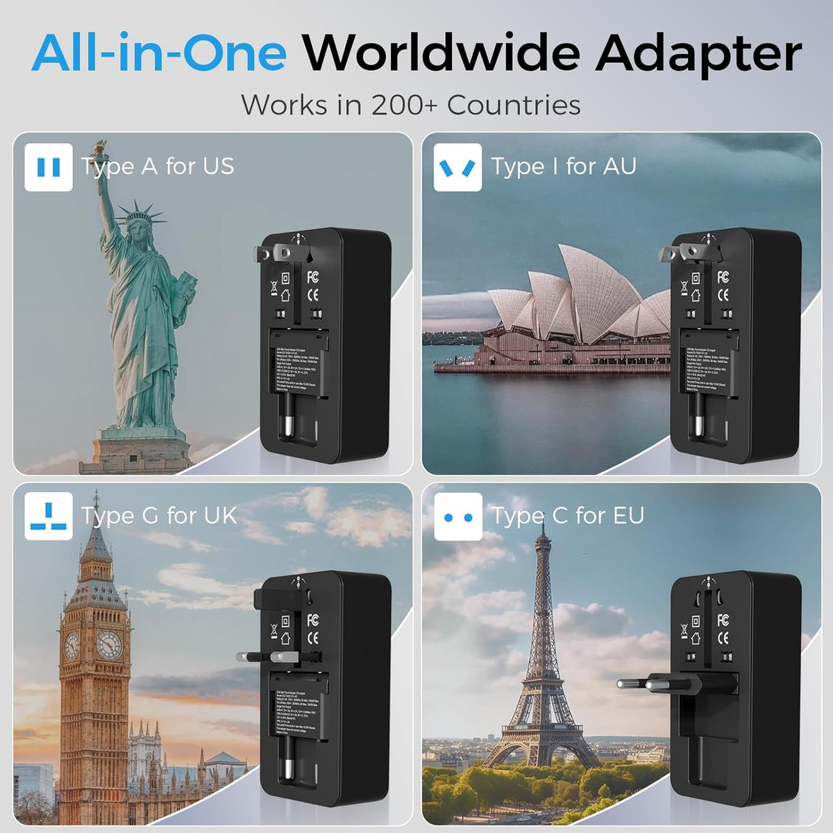 Universal Travel Adapter, International Power Adapter with 1 AC Outlet, 1 USB-A & 2 USB-C Ports, Works in 150+ Countries (US/EU/UK/AU), Not a Voltage Converter