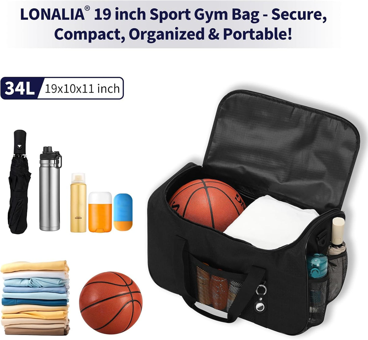 36L Sports Gym Duffle Bag for Men, 19 Inch, Black