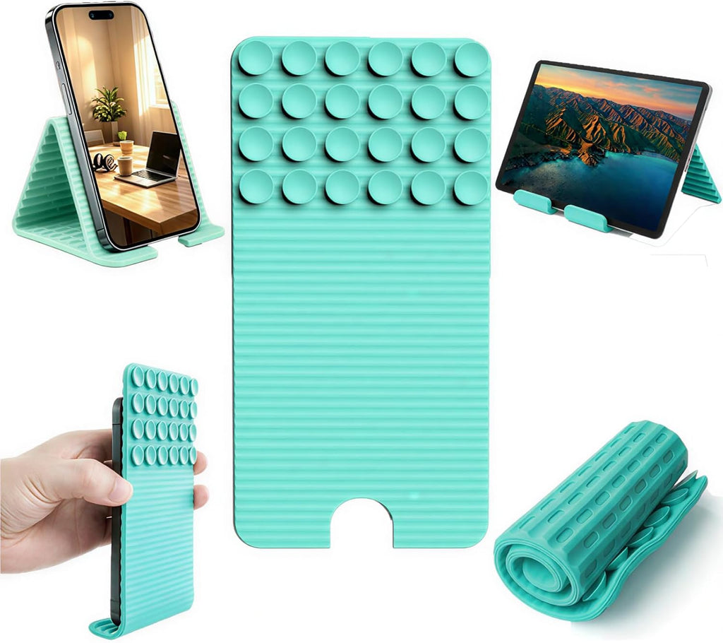 Flexible Silicone Aluminum Phone Holder, Portable Phone Holder with Charging Port Cutout and Suction Cups, Foldable&Rollable, Non-Slip Desk Mount for Airplane Travel