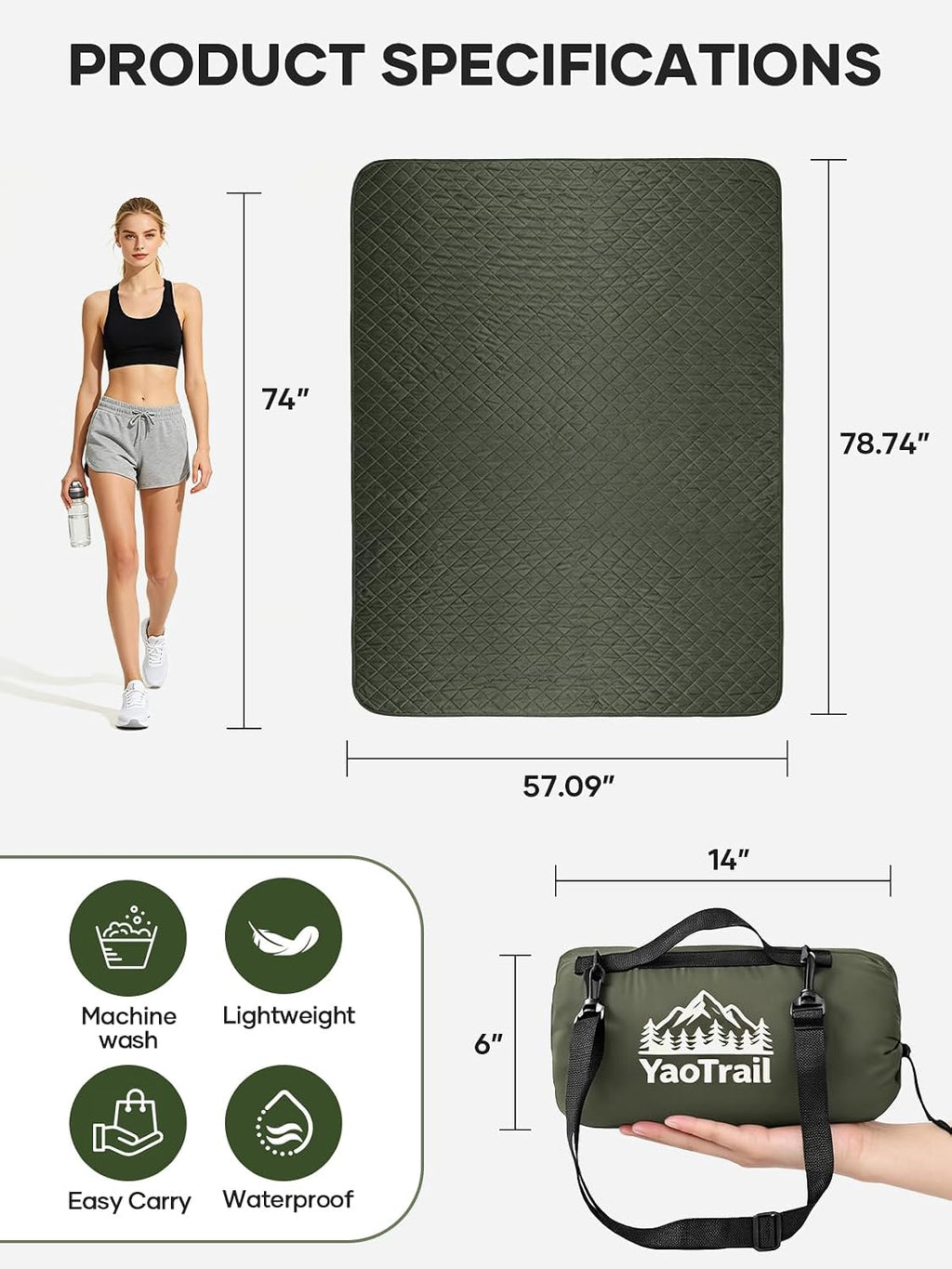 Waterproof Camping Blankets, Reversible Picnic Blanket 79x57 in