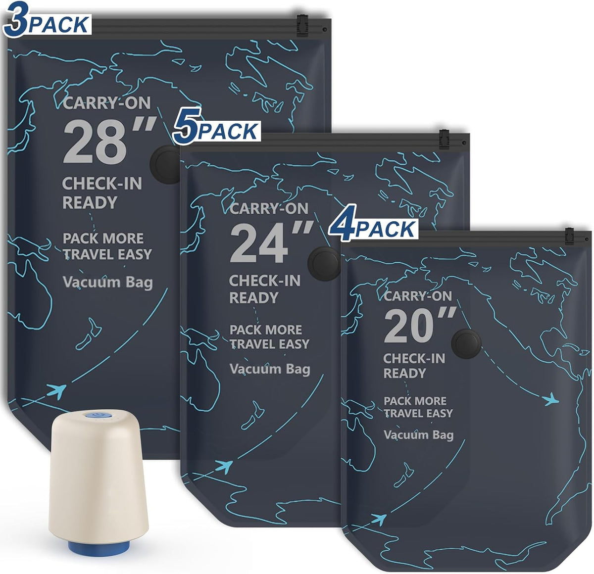 12 Pack Vacuum Seal Bags for Clothing Travel with Electric Pump (3 Large 28", 5 Medium 24", 4 Small 20") Heavy Duty 0.08mm Travel Vacuum Bags for Luggage & Moving, Reclaim 80% Space