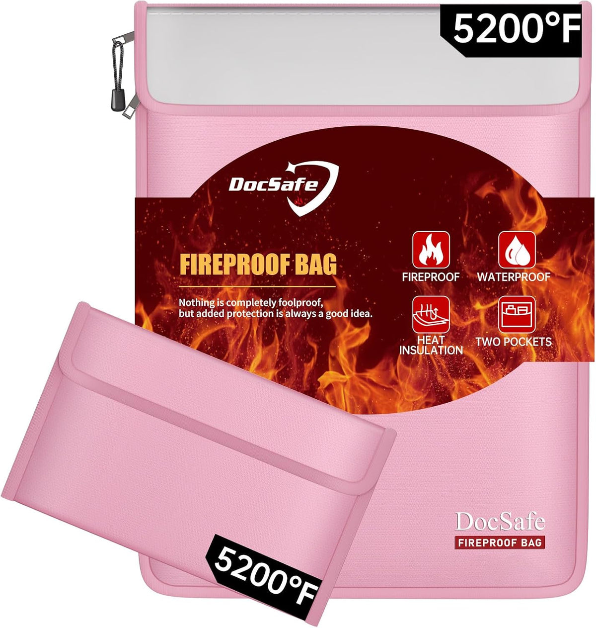 DocSafe Fireproof Document Bag (5200℉) with Fireproof Organizer Travel Case,Heat Insulated Fire＆Water Resistant 8 Layers Safe Money Bag Storage for Important Documents,Cash,Power Bank,Valuables,Pink