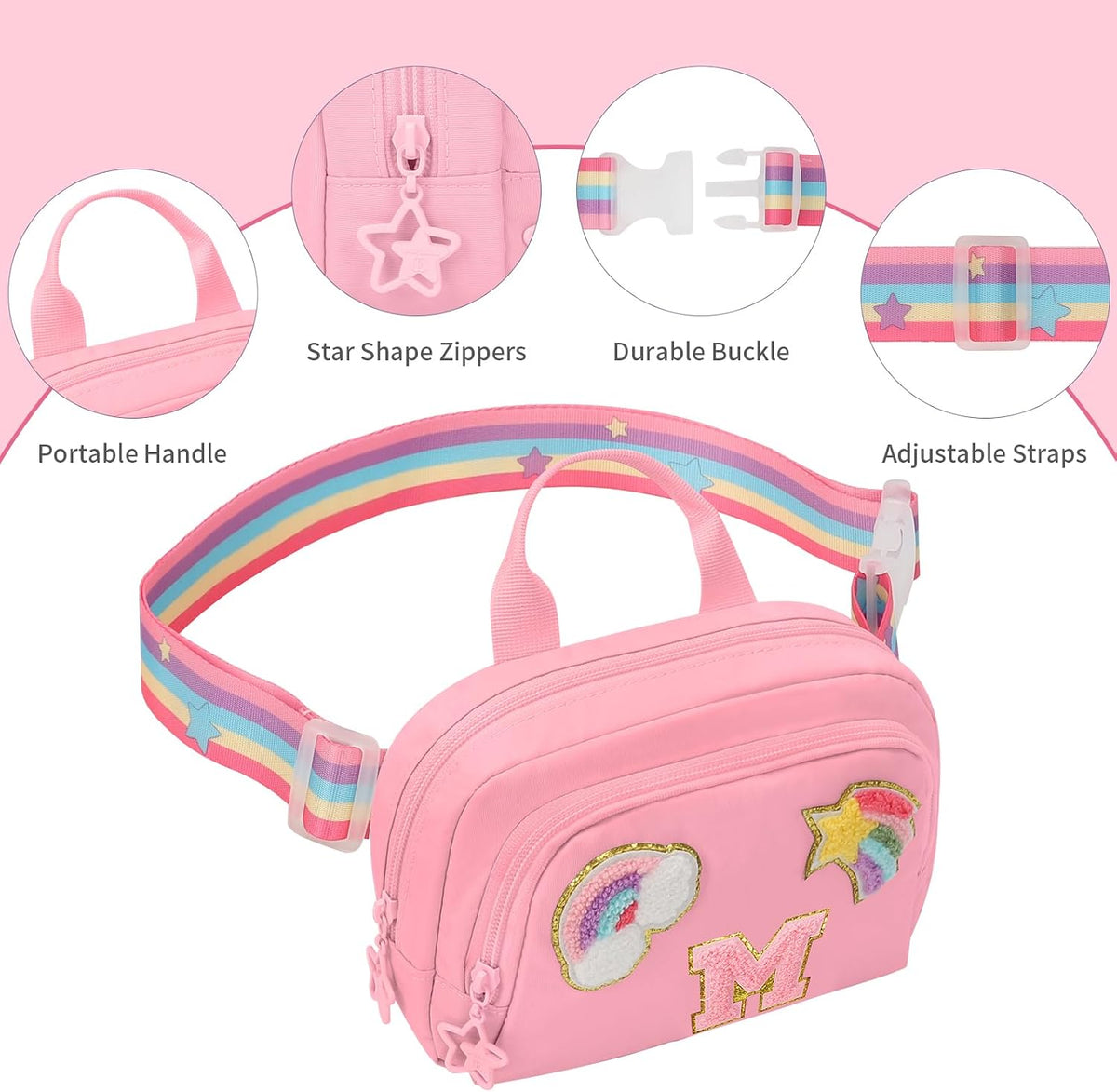 Fanny Pack for Girls, Cute Purse for Girls Teens Crossbody Bag for Kids Belt Bag With 2 Compartments Trendy Stuff Graduation Birthday Gifts for 4 5 6 7 8 9 10 11 12 13 Years Old Initial M-Pink