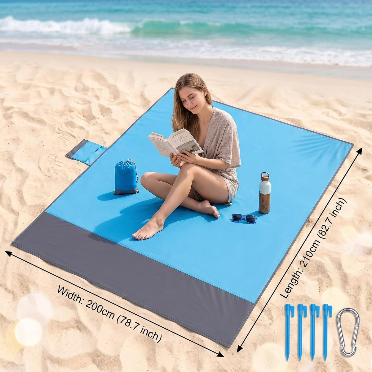 4-Piece Blue-Gray Color-Block Beach Blanket Waterproof Sandproof Set, Ripstop Polyester Mat with Stakes Carabiner, Lightweight Portable Outdoor Picnic Mat, Windproof Camping Essentials