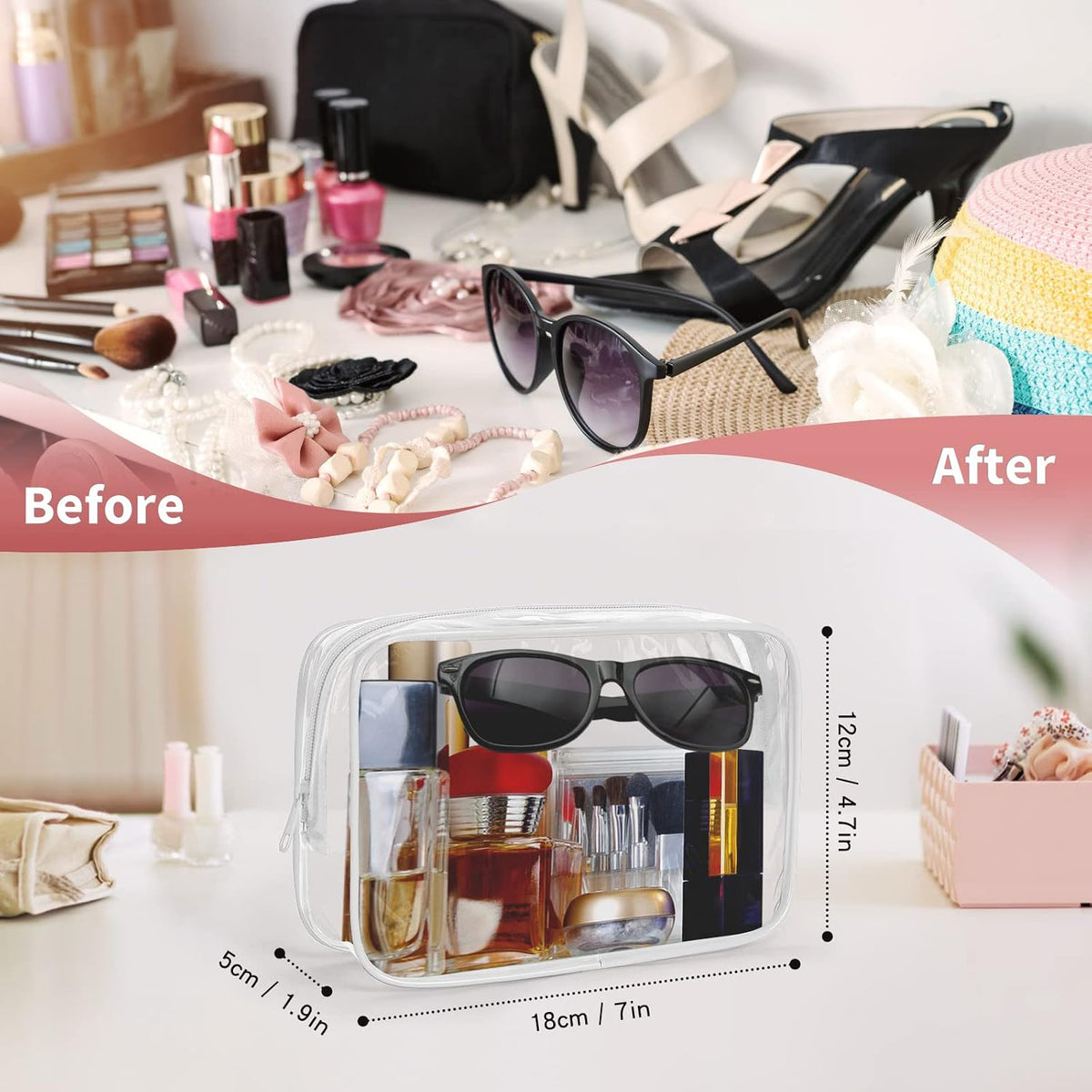 TISRATOK 24 PCS Clear Toiletry Bag for Women Men, Transparent Cosmetic Bag for Travel Makeup Organizer TSA Approved Pouch - White,Medium