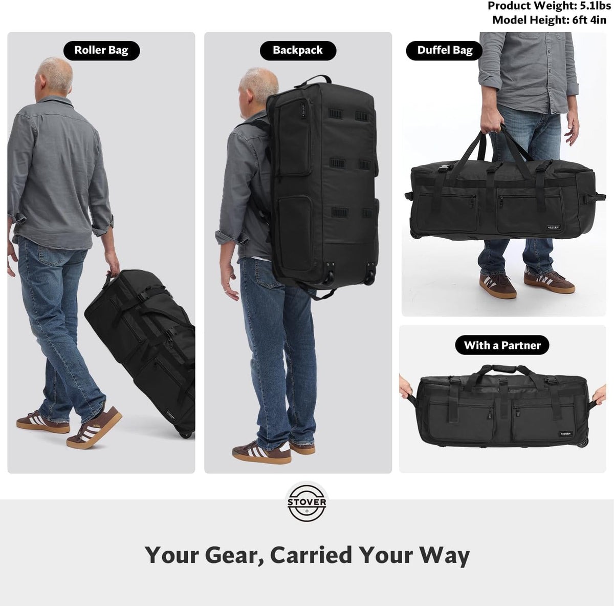 STOVER 45/80/100/120L U-Zip Rolling Duffel Bag with Wheels, X-Large Durable Travel Duffle + Toiletry Bag, Lay-Flat Opening, Packable w/Shoulder Straps- Use as Luggage or Backpack, Men/Women (Black)