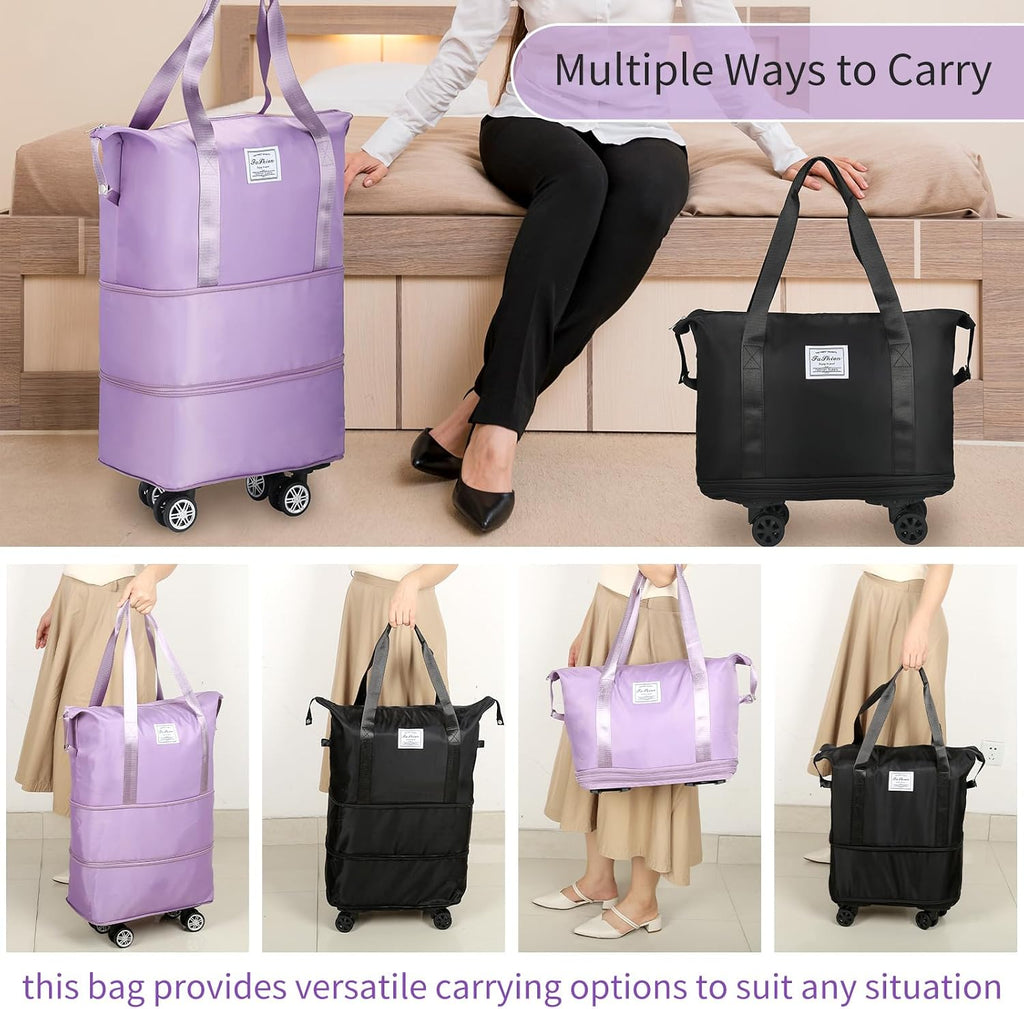 Rolling Duffle Bag with Wheels, Expandable Foldable Duffle Bag for Travel, Rolling Under Seat Luggage Carry on Duffel Bags, Wheeled Travel Duffel Weekend Bags, Capacity 18L to 30L (Black)