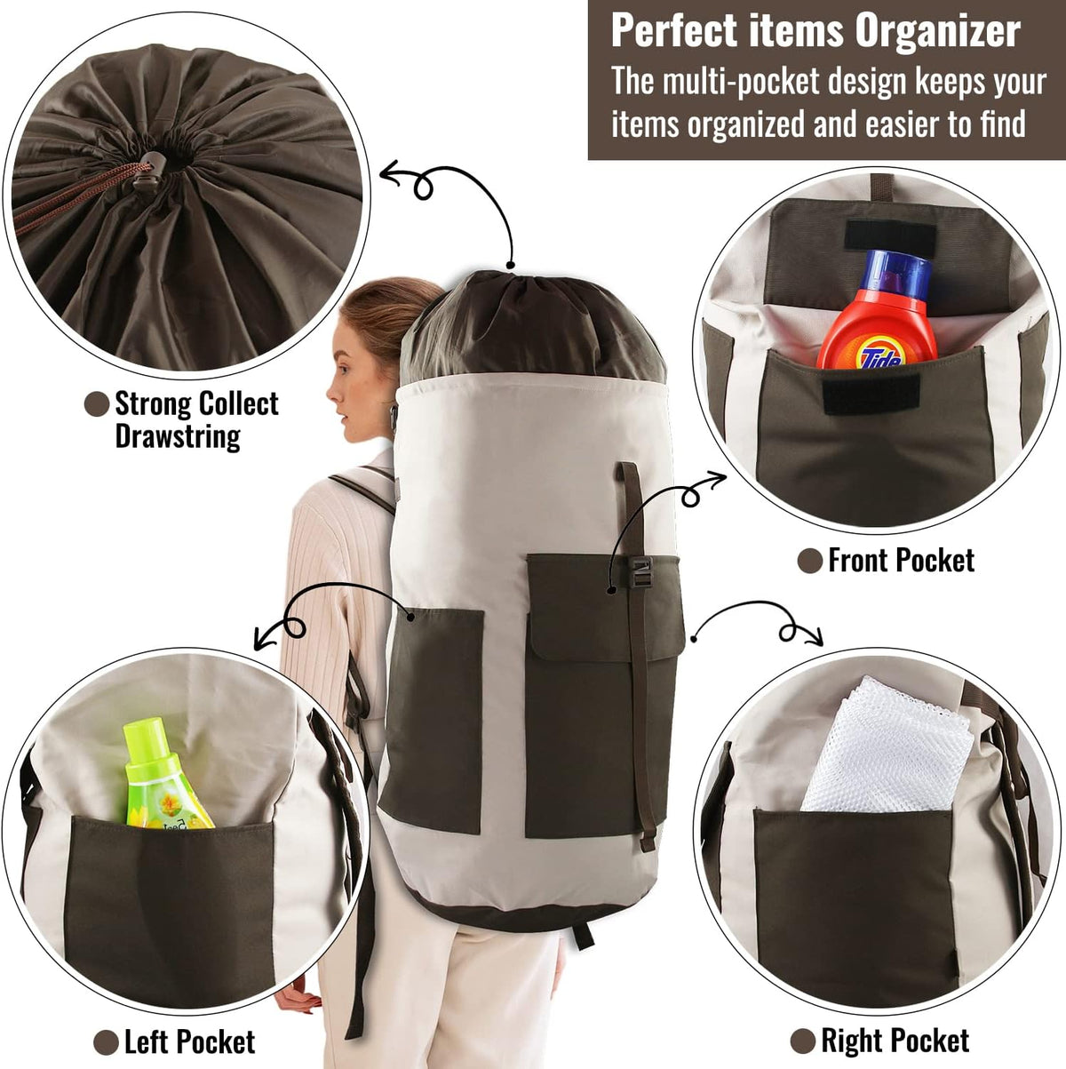 Laundry Bag Backpack 125L Extra Large, Heavy Duty 900D Coated Oxford Fabric, 3 Pockets Durable Travel Laundry Bags with Soft Padded Shoulder Straps for College Dorm, Apartment, Laundromat (Khaki)