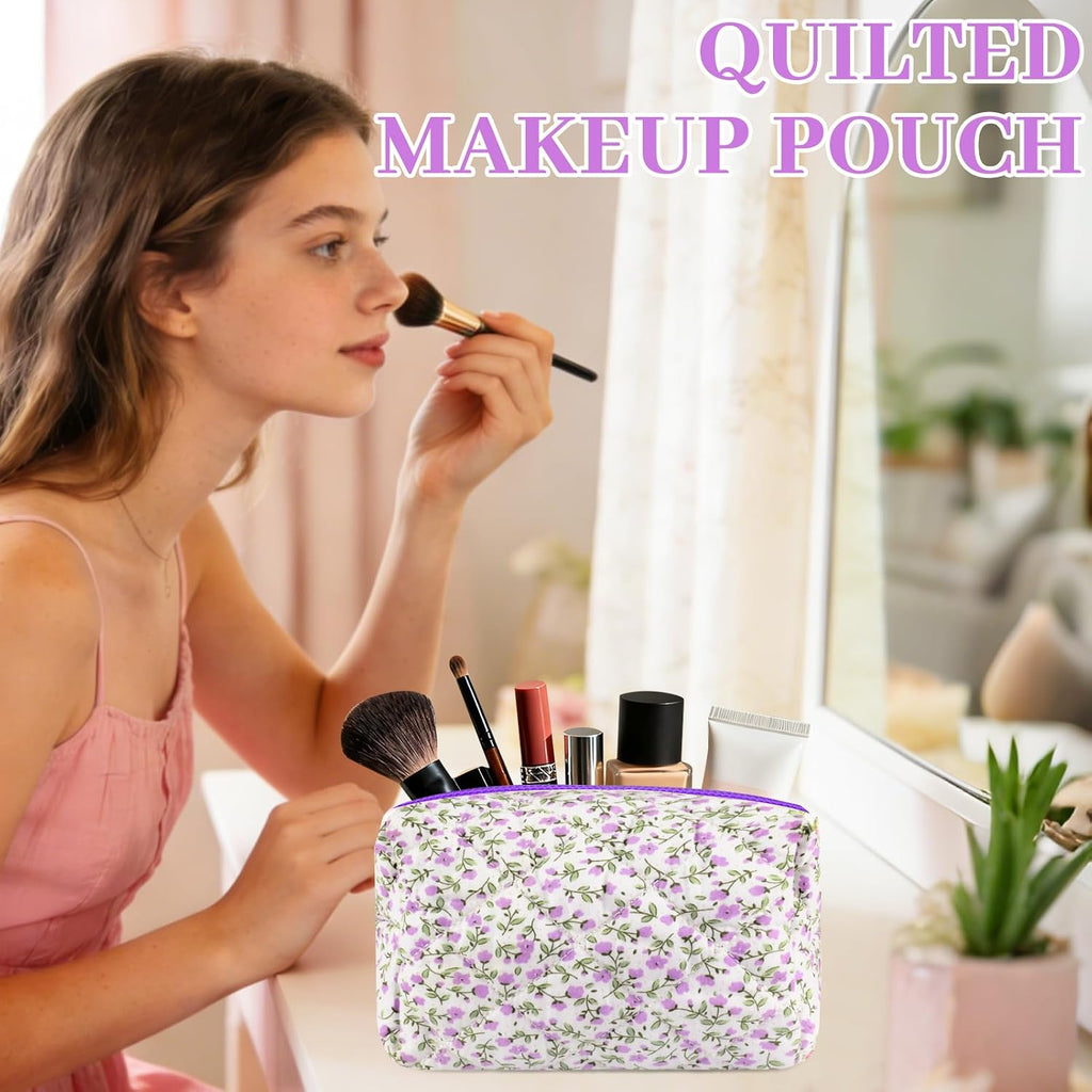 URSKYTOUS Quilted Makeup Bag Floral Large Cosmetic Bag Cotton Puffy Makeup Organizer Coquette Cute Travel Makeup Pouch Kawaii Aesthetic Portable Toiletry Storage Bag for Women Girls (Purple)