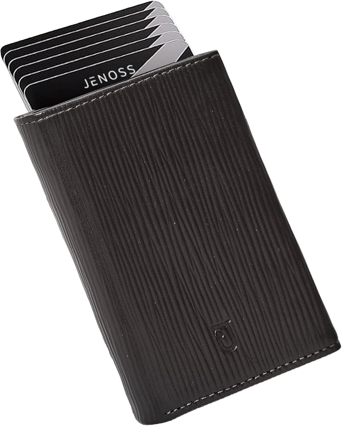 Jenoss Smart Wallet For Men: Full Grain Leather, Handcrafted, Slide Metal Pop Up Case, Slim RFID Blocking Credit Card Holder, Minimalist, Compact - 9-12 Card Organizers | ID | Money Clip (EPI Brown)