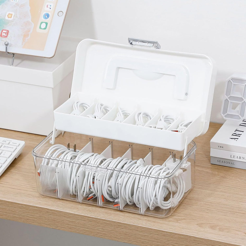 Large Cable Organizer Box with Lid and Wire Ties, Plastic