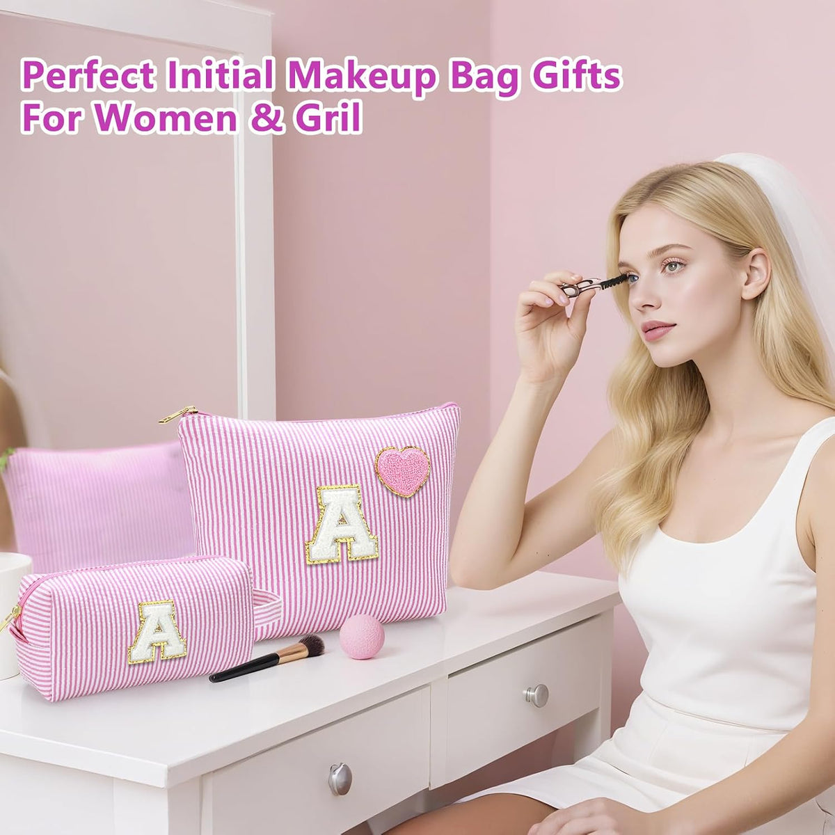 Personalized Initial Makeup Bag Pouch Cute Preppy Makeup Organizer bag