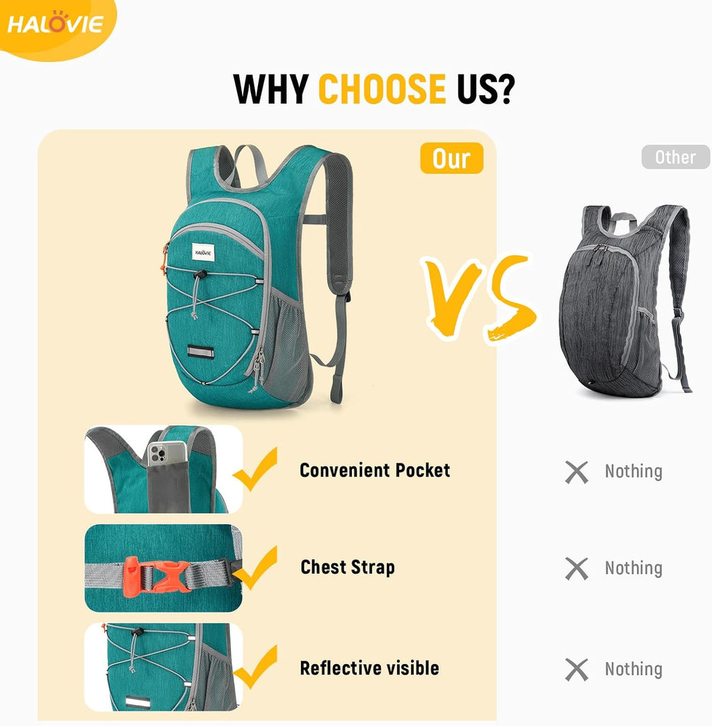 HALOVIE 15L Foldable Hiking Backpack Phone Pocket Lightweight Travel Daypack with Chest Strap Small Packable Pack for Walking Women Men (Cyan)
