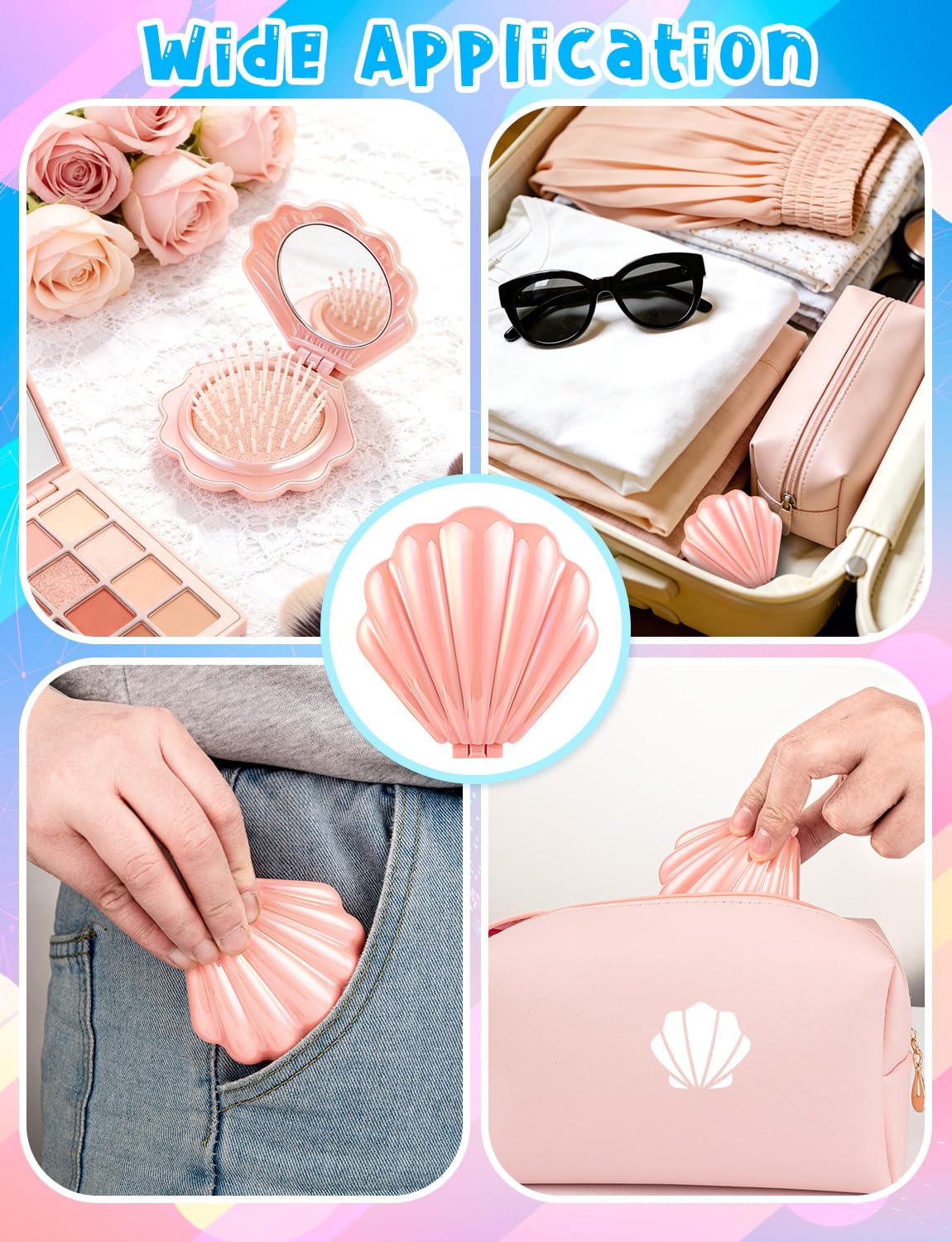 8 Pcs Foldable Travel Shell Hair Brush with Mirror