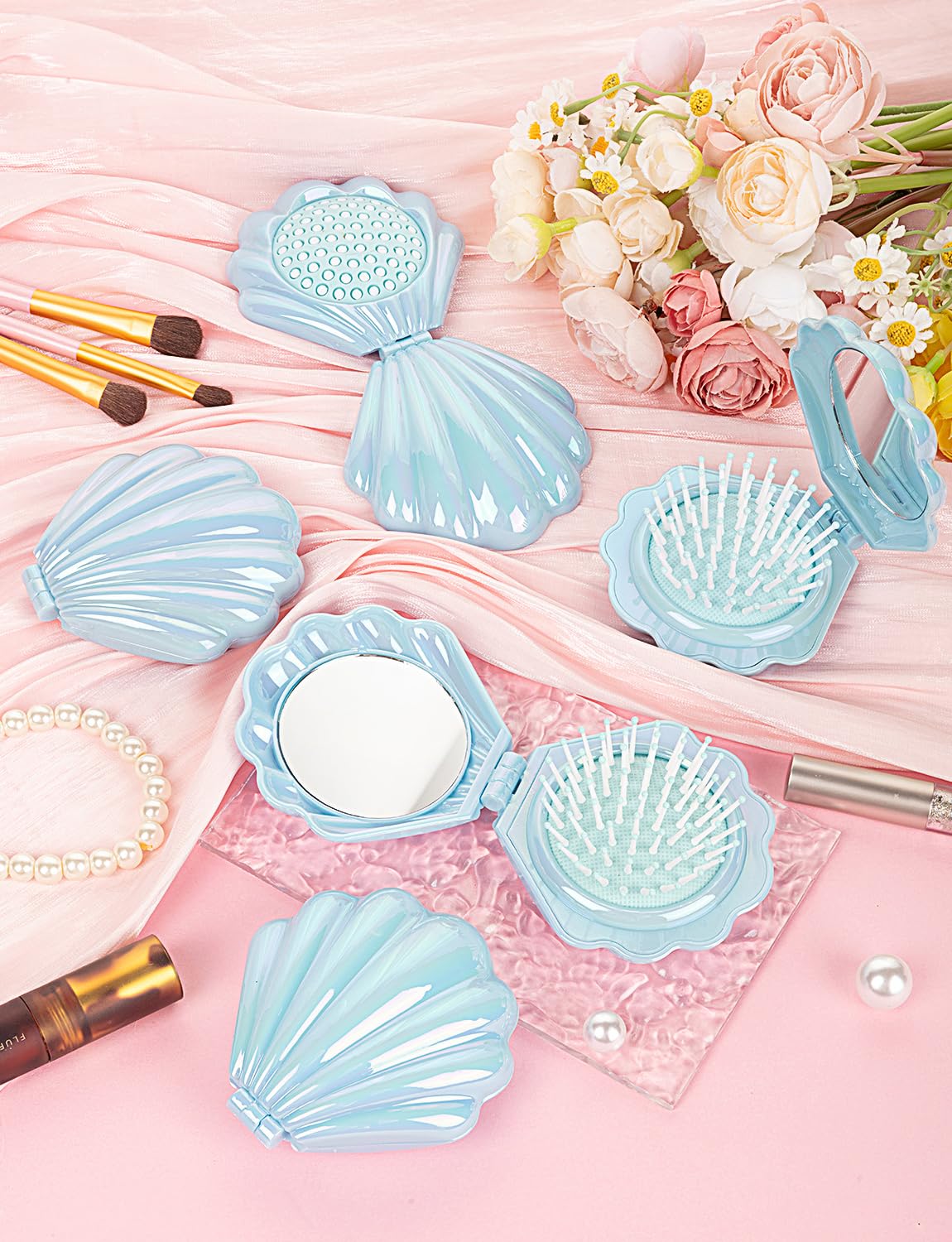 8 Pcs Foldable Travel Shell Hair Brush with Mirror