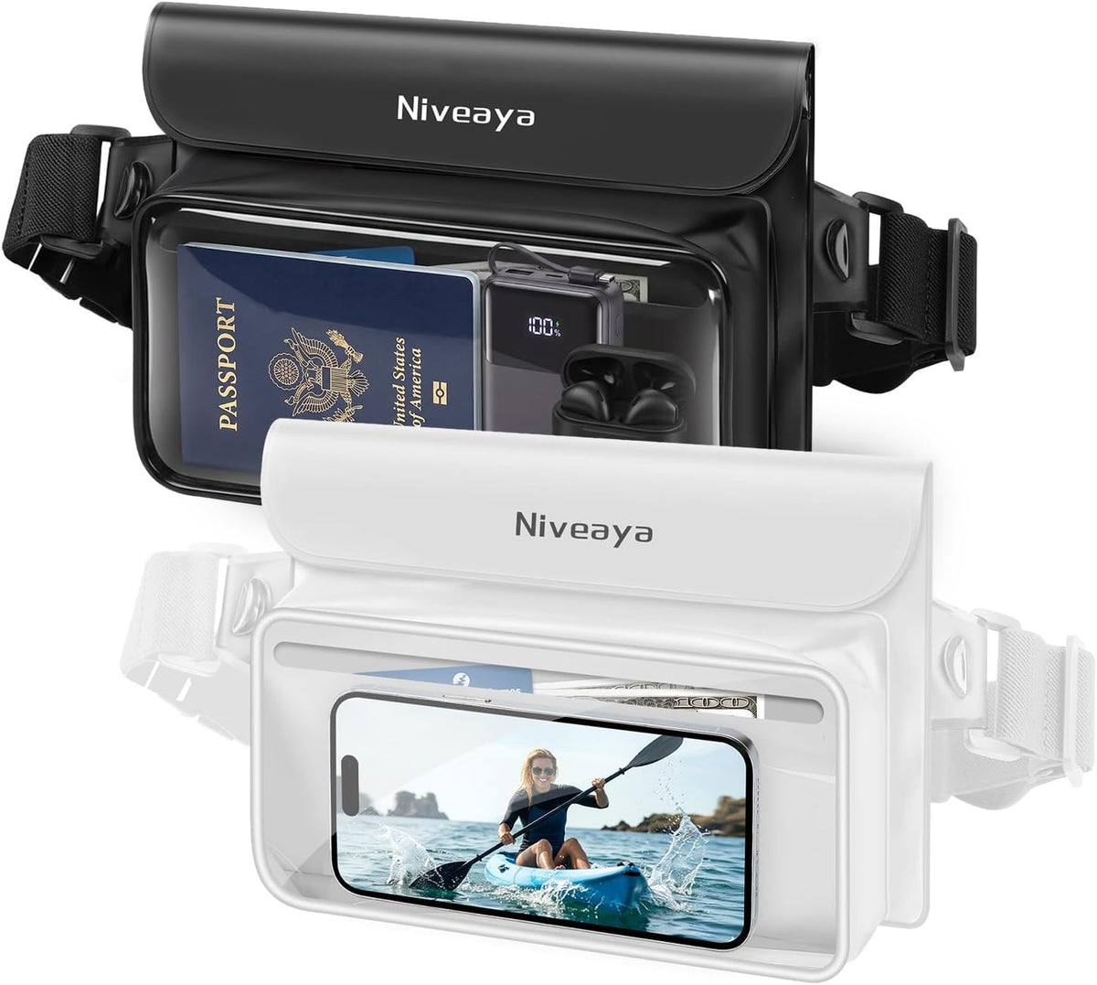 Niveaya IPX8 Floating Waterproof Fanny Pack Holds Phone, Passport & Cash