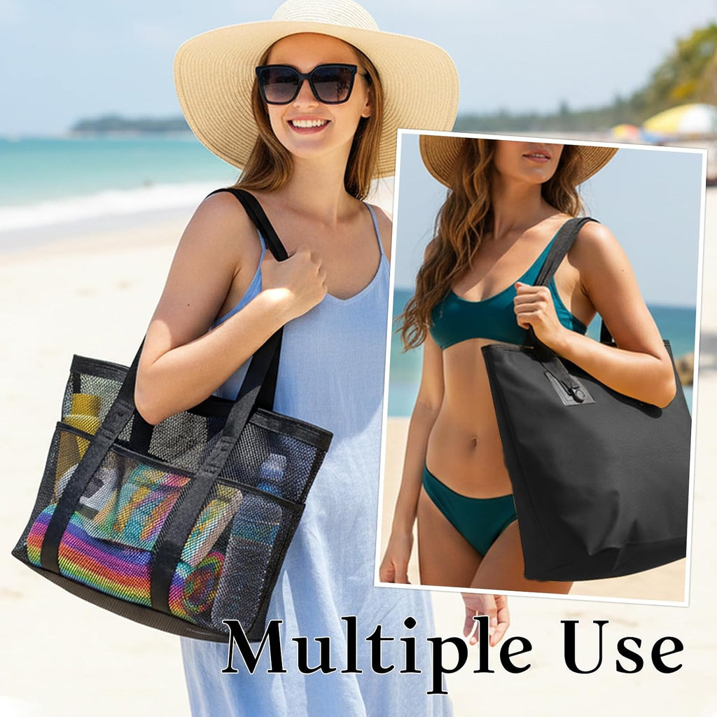 miss fong Mesh Beach Bag - Beach Bags for Women Pool Bag Swim Bag – 2-in-1 Waterproof Beach Tote Bag Wet/Dry Separation