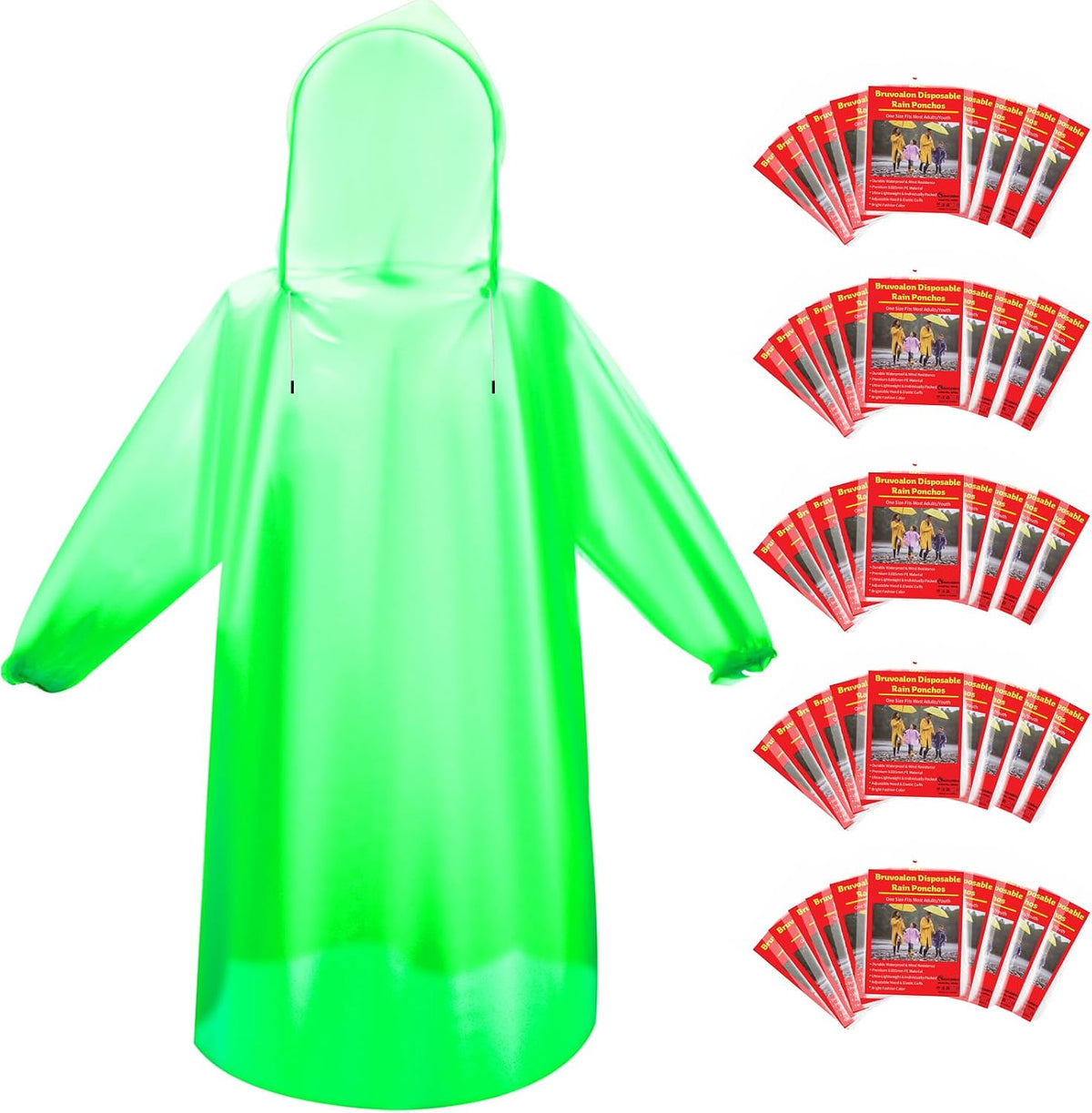 Bruvoalon 6, 20 & 50 Pack Disposable Rain Ponchos for Adults, Waterproof PE with Drawstring Hood and Elastic Cuffs