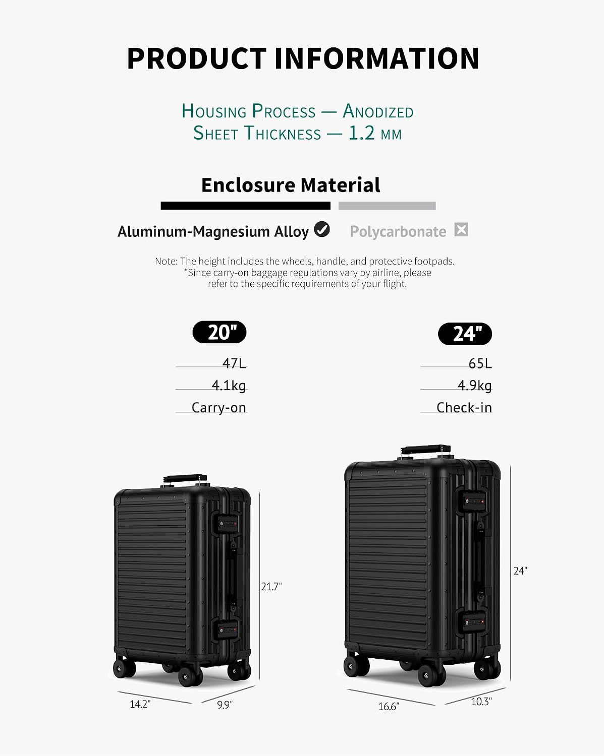 All Aluminum Carry On Luggage 20 inch Zipperless Suitcase,Black