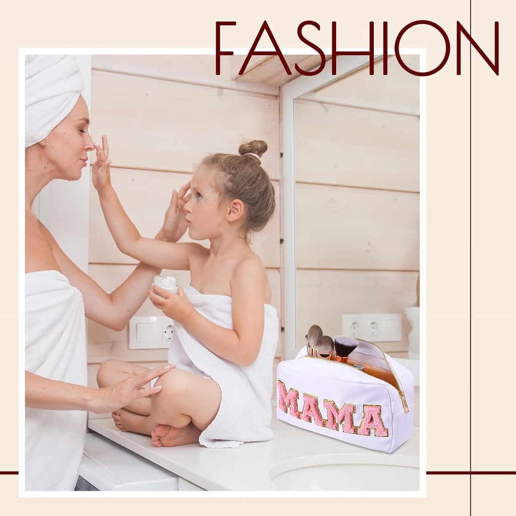 Sanwuta 2 Pcs Mama and Baby Makeup Bags Chenille,White, Pink,Baby and Mama