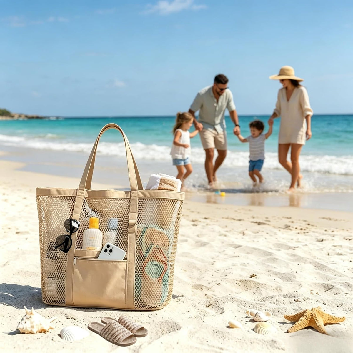 Large Mesh Beach Tote Bag for Women, Foldable Lightweight Swimming Pool Bag with Zipper Top, 2 Waterproof Zipper Pockets, 16L Multi Purpose Travel Gym Shopping Cruise Carry Bag, Brown Solid