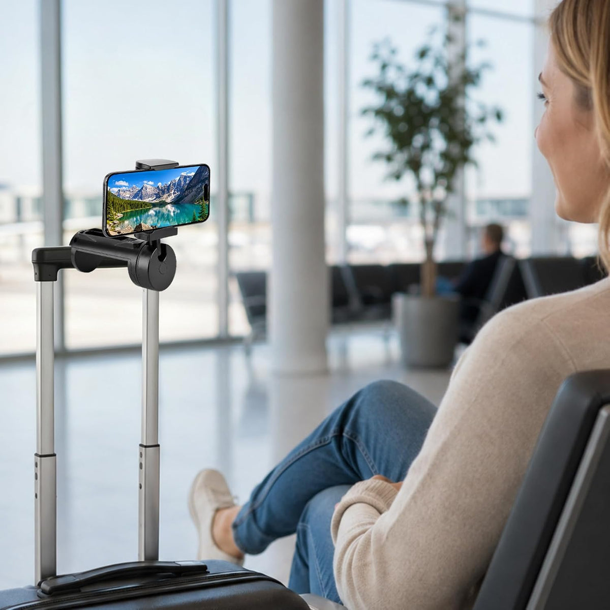 Airplane Phone Holder Mount, Travel Phone Holder with 360° Rotation, Hands Free Clamp Stand for Tray Table, Desk and Luggage Handle, Black