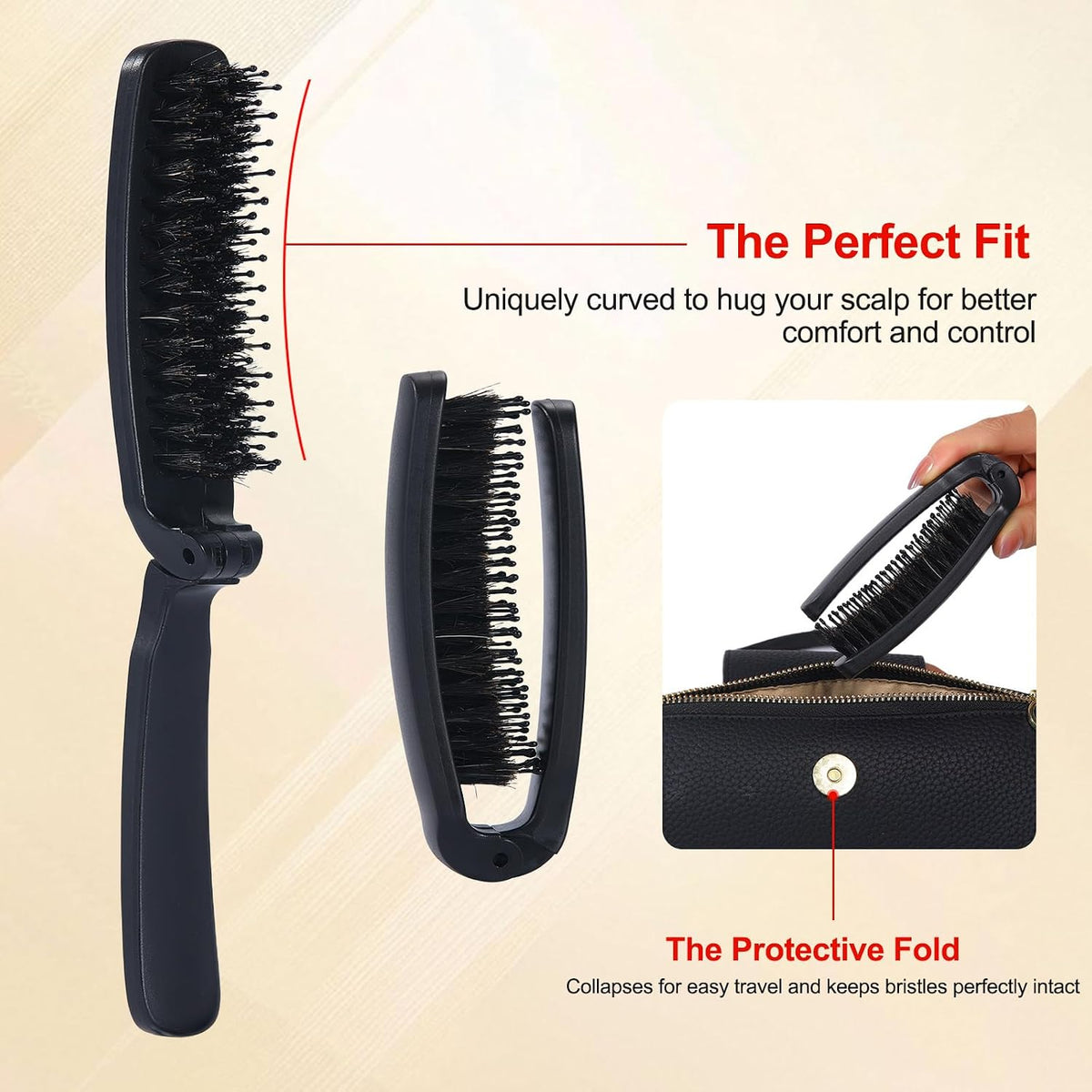 Mini Folding Boar Bristle Hair Brush for Women Men Travel & Purse, 4.4 in