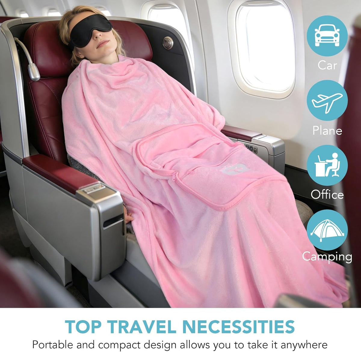 SINLAND Travel Pillow and Blanket 2-in-1 Set Airplane Pink 60x50 Inch