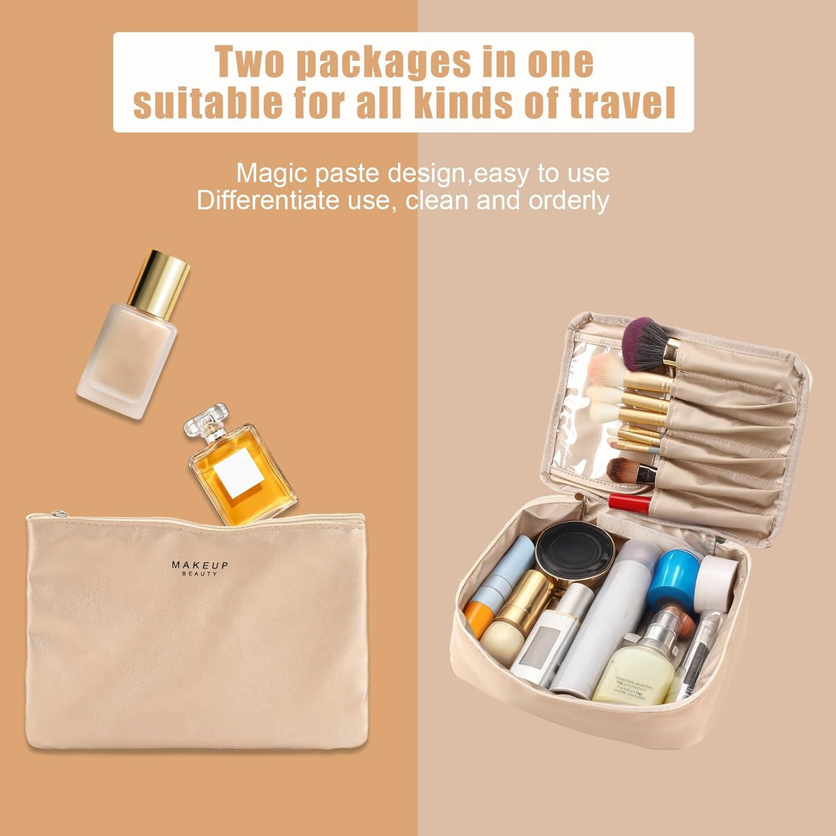 Queboom Travel Makeup Bag Cosmetic Bag Toiletry Bag for Women & Men, Beige