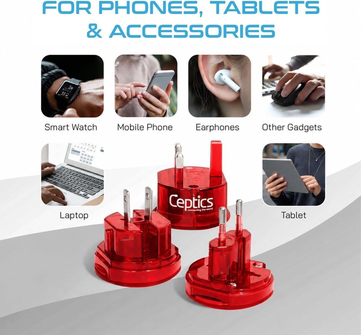 Ceptics International Power Adapter, Type A, C, G & I Plugs, Compact, Red