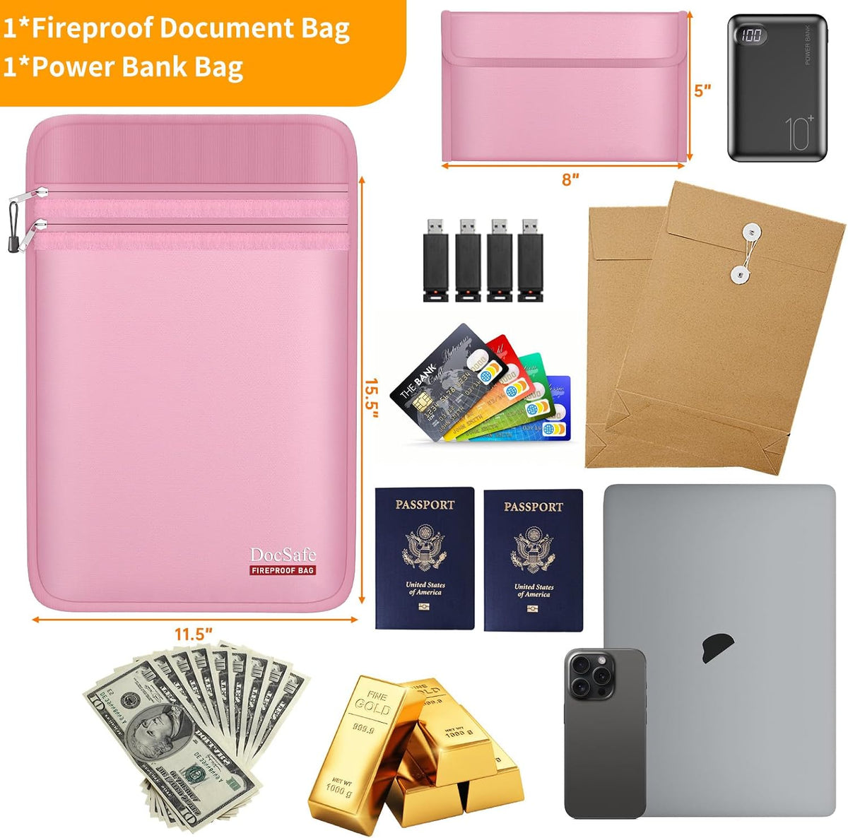 DocSafe Fireproof Document Bag (5200℉) with Fireproof Organizer Travel Case,Heat Insulated Fire＆Water Resistant 8 Layers Safe Money Bag Storage for Important Documents,Cash,Power Bank,Valuables,Pink