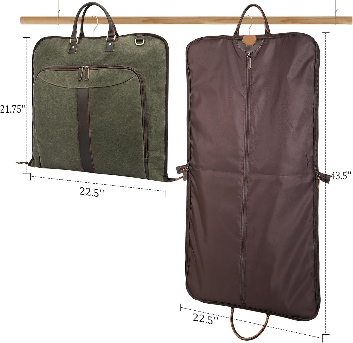 Polare Waxed Canvas Full Grain Leather Trim Garment Carry On Bag for Travel, Foldable Hanging Suitcase Weekender Dust-Proof Garment Waterproof Cover with YKK Zipper and Adjustable Strap (Army Green)