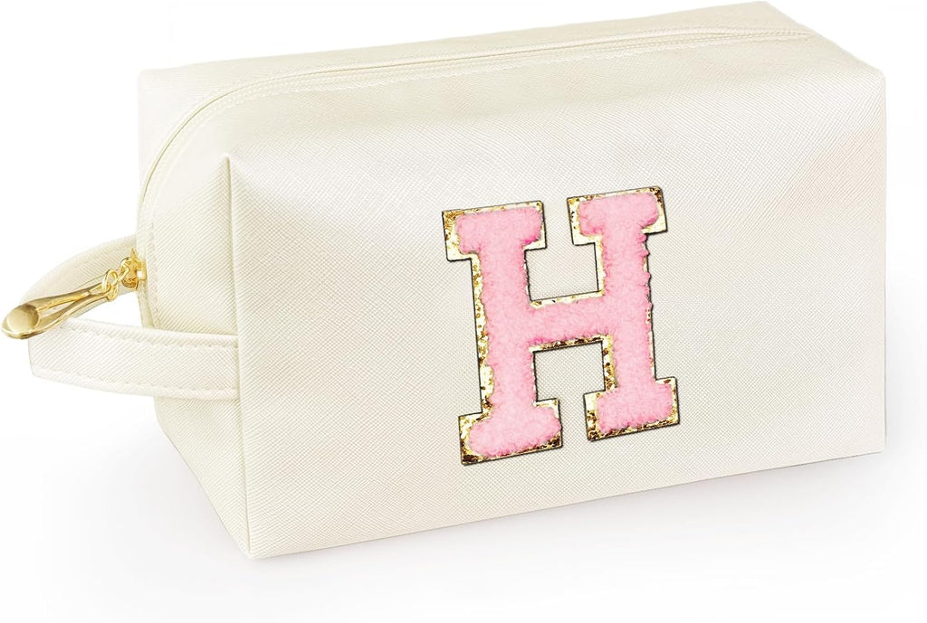 Personalized Initial Makeup Bag with Handle, Preppy Cosmetic Bag with Inner Zipper Pocket, 8 9 10 11 12 13 14 Years Old Girl, Graduation Gifts for Teen Girls Women Teachers (H, White)