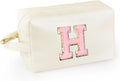 Personalized Initial Makeup Bag with Handle, Preppy Cosmetic Bag with Inner Zipper Pocket, 8 9 10 11 12 13 14 Years Old Girl, Graduation Gifts for Teen Girls Women Teachers (H, White)