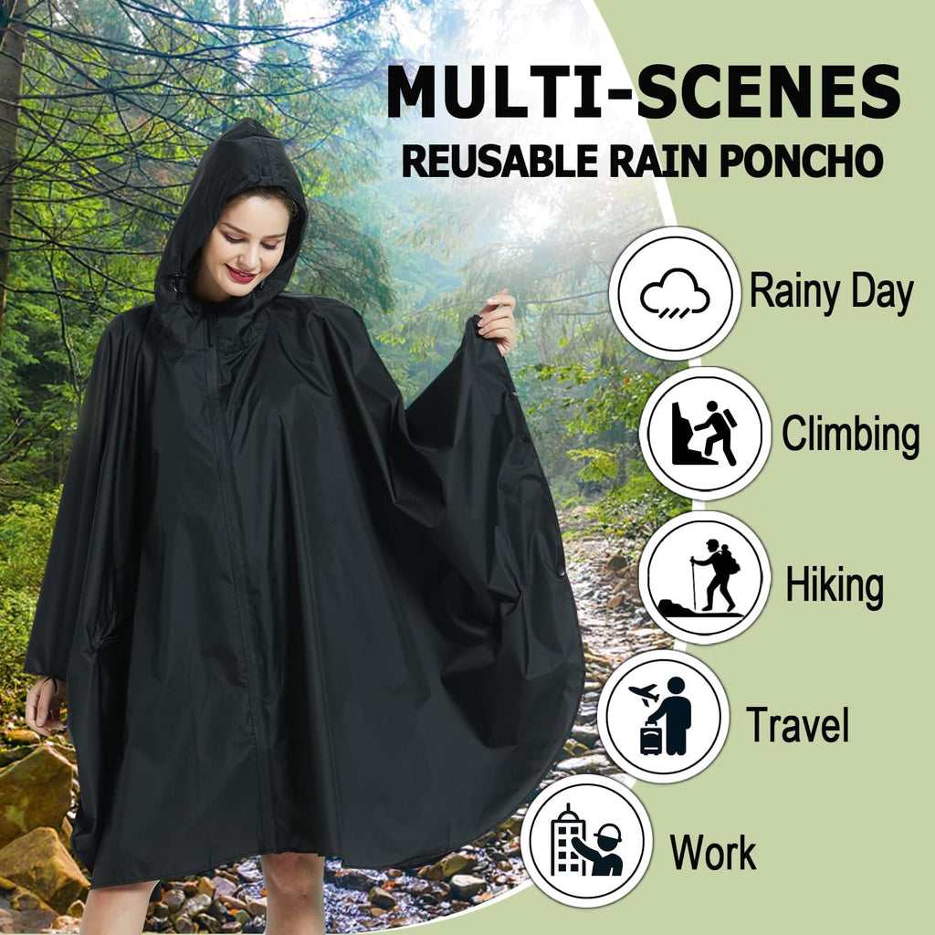 Waterproof Rain Poncho Hooded Outdoor Raincoat with Zipper Pockets