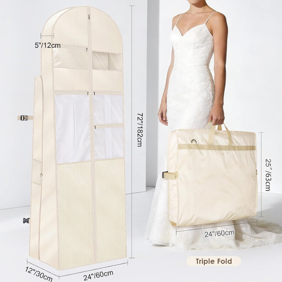 KEEGH 72 in Wedding Dress Garment Bag Luxury Plaid Dress Bag, Beige