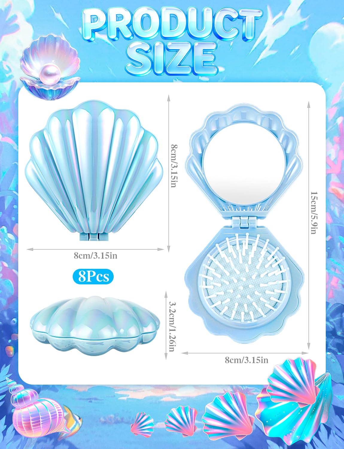 8 Pcs Foldable Travel Shell Hair Brush with Mirror