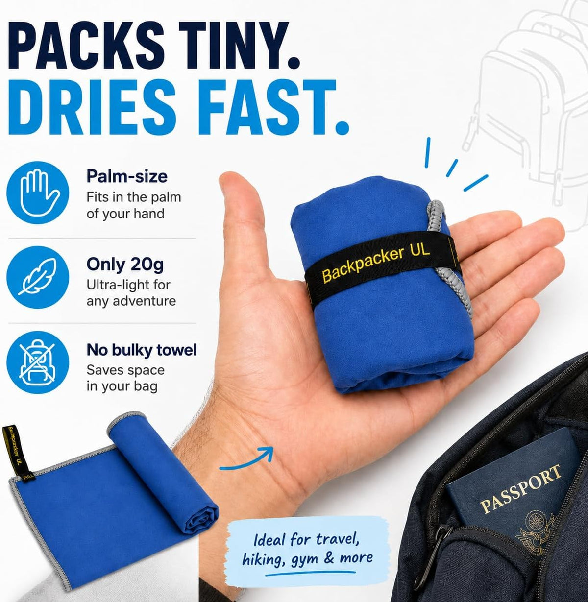 Backpacking Ultralight Quick Dry Microfiber Soft Fast Drying Hand and Face Towel Wash Cloth Camping Yoga Hiking Active Lifestyle Small (Blue, Small)
