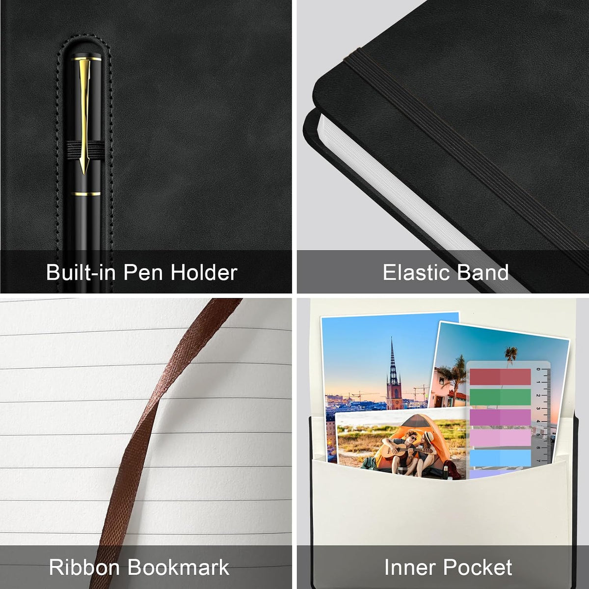 A5 Leather Notebook with Pen and Pen Holder, 224 Pages 100 GSM Thick Lined Paper Hardcover Journal for Men Women, College Ruled Daily Diary for Work Business School Travel - Black