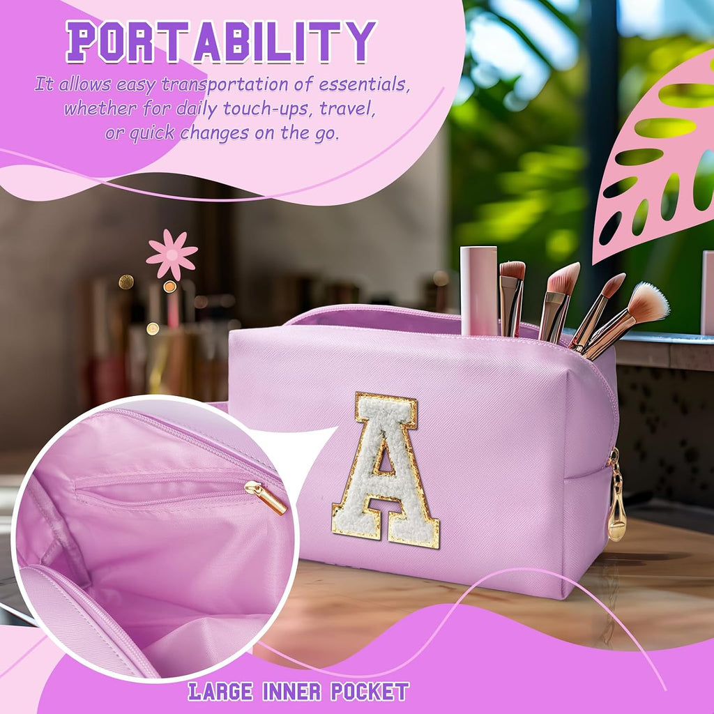 Personalized Initial Makeup Bag with Handle, Preppy Cosmetic Bag with Inner Zipper Pocket, 8 9 10 11 12 13 14 Years Old Girl, Graduation Gifts for Teen Girls Women Teachers (A, Purple)