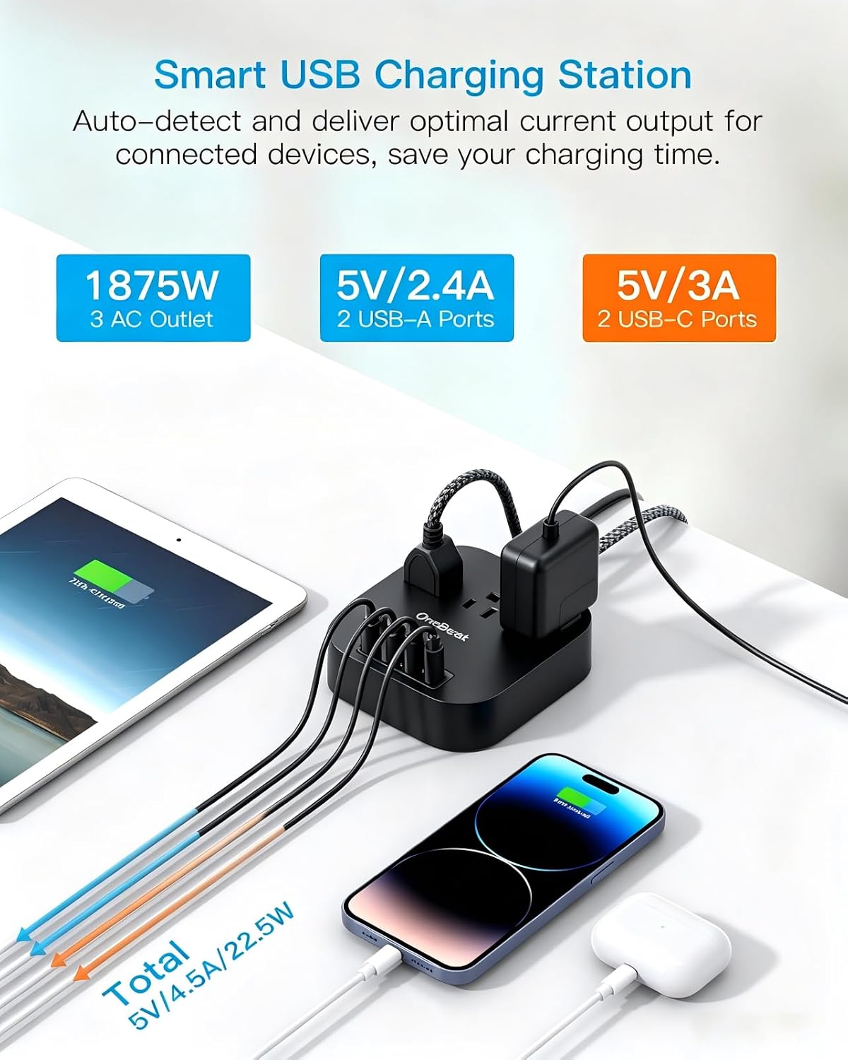 One Beat Power Strip with USB C, 10ft Braided Extension Cord, 22.5W