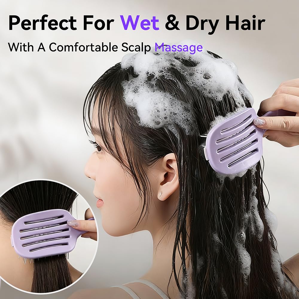 Self‑Cleaning Hair Brush, Curved Vented Detangler, Foldable Travel Purple