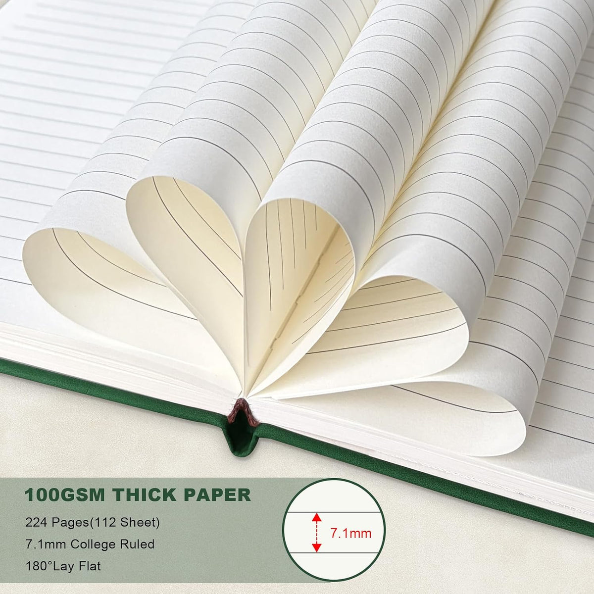 A5 Leather Notebook with Pen and Pen Holder, 224 Pages 100 GSM Thick Lined Paper Hardcover Journal for Men Women, College Ruled Daily Diary for Work Business School Travel - Dark Green