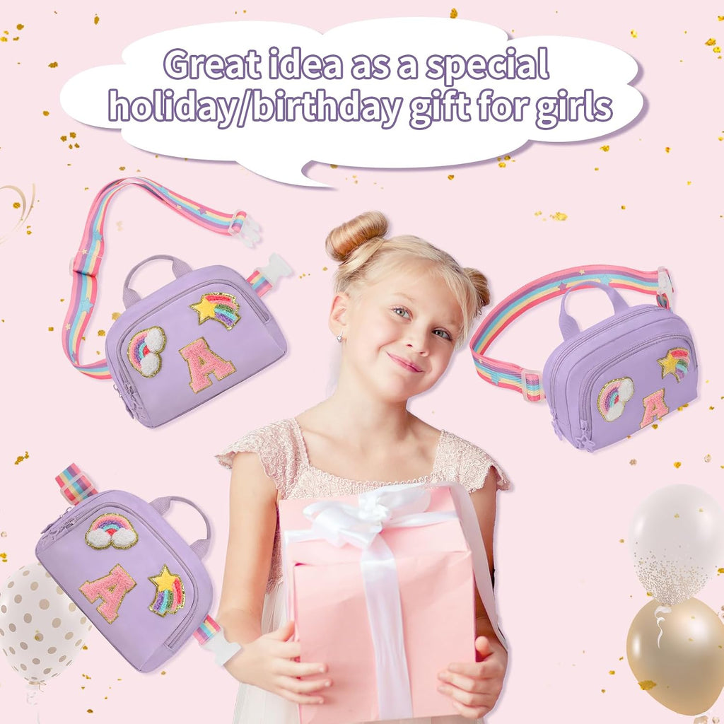 Fanny Pack for Girls, Cute Purse for Girls Teens Crossbody Bag for Kids Belt Bag With 2 Compartments Trendy Stuff Graduation Birthday Gifts for 4 5 6 7 8 9 10 11 12 13 Years Old Initial A-Purple