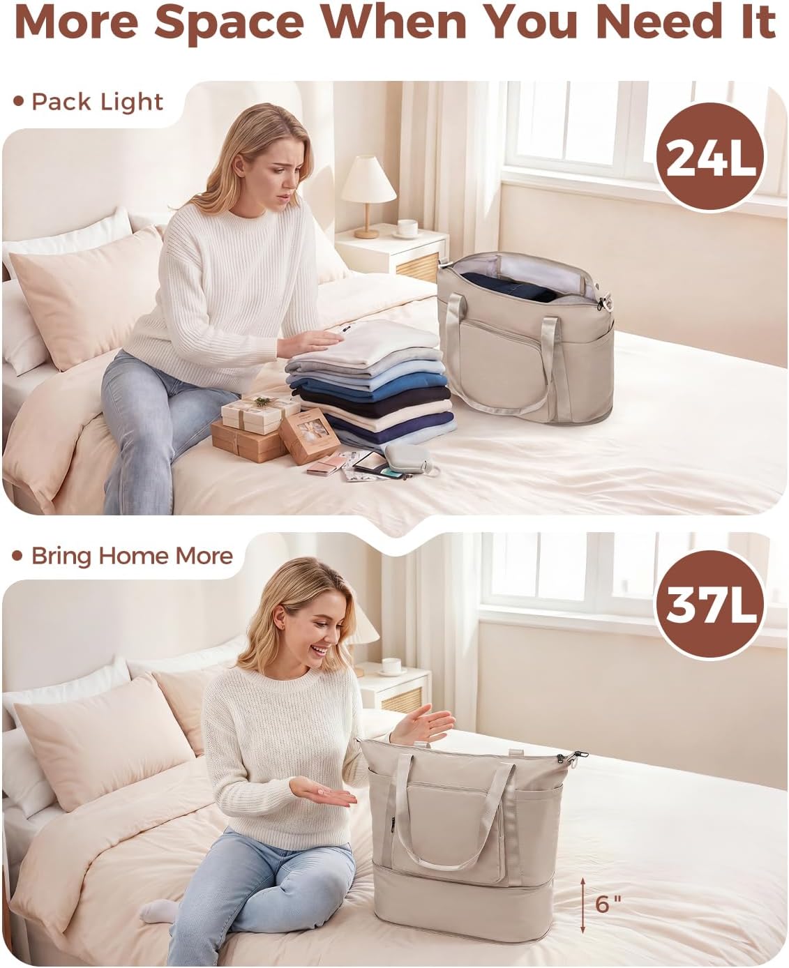 WANDF Foldie Personal Item Travel Bag Expandable, Carry On Duffle Bag Women