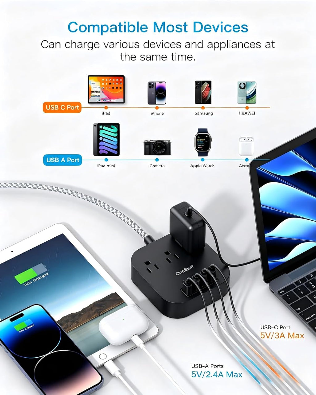 One Beat Power Strip with USB C, 10ft Braided Extension Cord, 22.5W