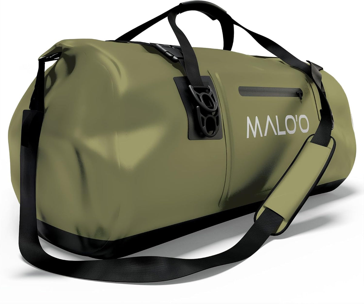 Malo’o Waterproof Dry Duffel, Heavy-Duty Roll Top Waterproof Gear Bag with Shoulder Strap & Molle Loops, Marine Duffel for Kayaking, Boating, Camping, Beach & Travel, Dark Green, 60L