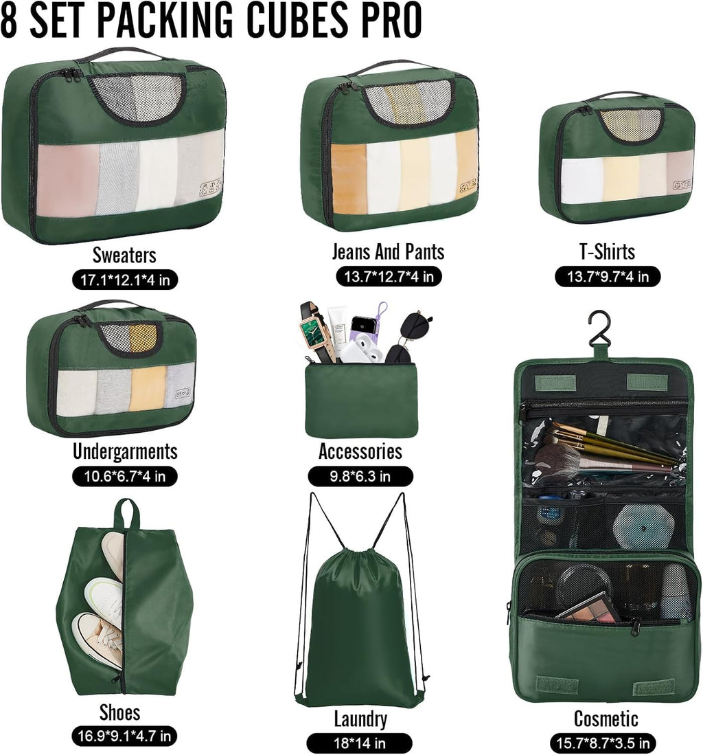 Veken 8 Set Packing Cubes for Travel Essentials, Suitcase Organizer Bags in 4 Sizes, Carry-On Luggage Accessories with Large Laundry & Hanging Toiletry Bag, Must-Have for Airplane, Road Trip & Camping