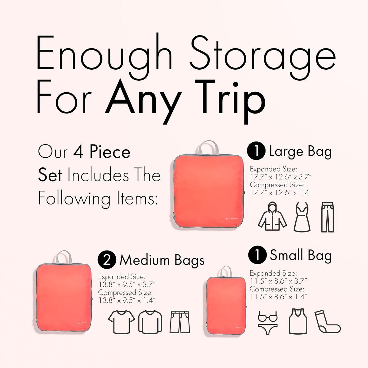 (Not Made In China) Packing Cubes For Travel Compression, Expandable Luggage Organizers for Suitcases, Space Saving Bags for Carry On, Large Travel Organizers, 4 Piece Set